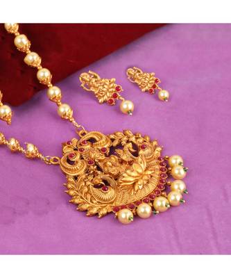 Antique Matte Gold Finish Maroon Stone Studded Temple Jewellery set 1