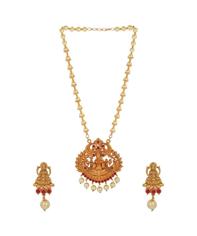 Antique Matte Gold Finish Maroon Stone Studded Temple Jewellery set