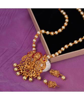 Antique Matte Gold Finish Maroon Stone Studded Temple Jewellery set 1
