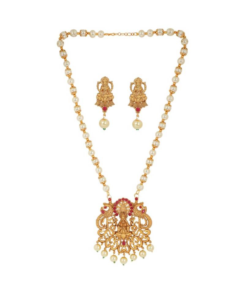 Antique Matte Gold Finish Maroon Stone Studded Temple Jewellery set