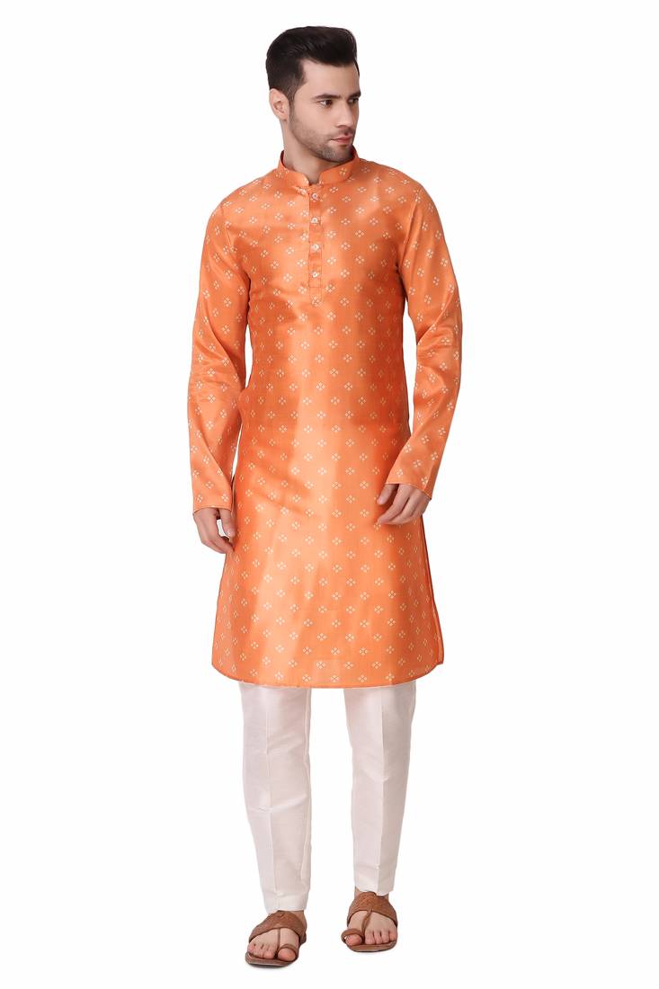 Koshin Orange Color Art Silk Square Digitally Printed Kurta Pyjama For Festive & Wedding