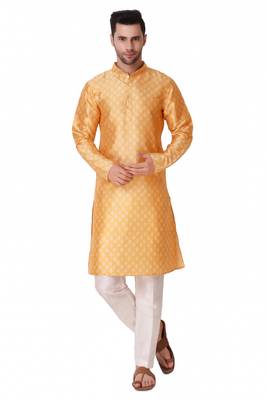 Koshin Yellow Color Art Silk Leaf Print Digitally Kurta Pyjama For Festive & Wedding 1