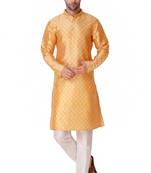 Koshin Yellow Color Art Silk Leaf Print Digitally Kurta Pyjama For Festive & Wedding