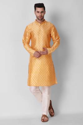 Koshin Yellow Color Art Silk Leaf Print Digitally Kurta Pyjama For Festive & Wedding 2