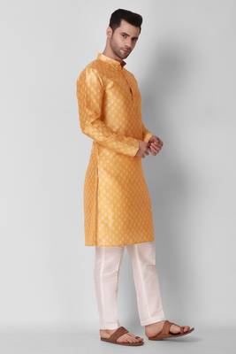 Koshin Yellow Color Art Silk Leaf Print Digitally Kurta Pyjama For Festive & Wedding 4