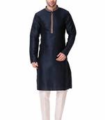 Koshin Navy Blue Color Art Silk Neck Embroidered Kurta Pyjama For Festive & Wedding