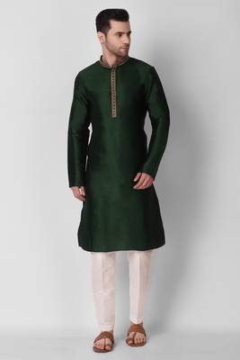 Koshin Dark Green Color Art Silk Neck Embroidered Kurta Pyjama For Festive & Wedding 2