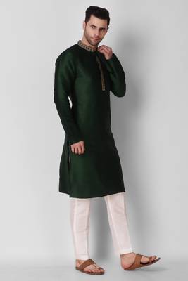 Koshin Dark Green Color Art Silk Neck Embroidered Kurta Pyjama For Festive & Wedding 4