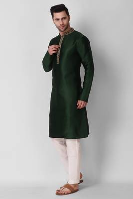 Koshin Dark Green Color Art Silk Neck Embroidered Kurta Pyjama For Festive & Wedding 5