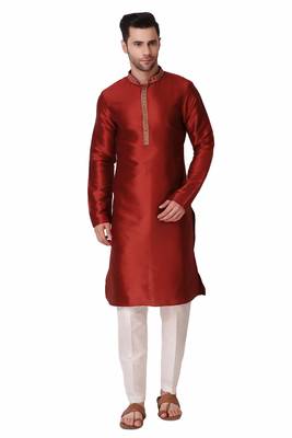 Koshin Maroon Color Art Silk Neck Embroidered Kurta Pyjama For Festive & Wedding 1