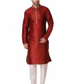 Koshin Maroon Color Art Silk Neck Embroidered Kurta Pyjama For Festive & Wedding