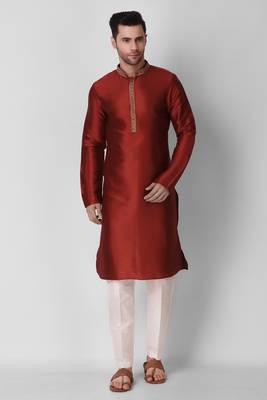 Koshin Maroon Color Art Silk Neck Embroidered Kurta Pyjama For Festive & Wedding 2