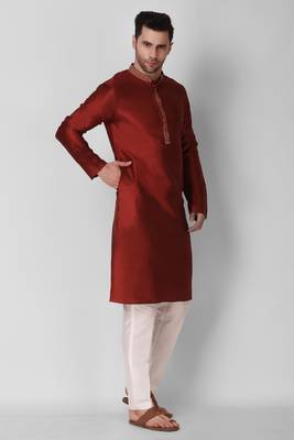 Koshin Maroon Color Art Silk Neck Embroidered Kurta Pyjama For Festive & Wedding 4
