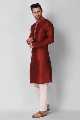 Koshin Maroon Color Art Silk Neck Embroidered Kurta Pyjama For Festive & Wedding 5