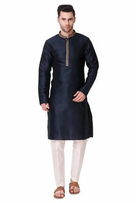 Koshin Navy Blue Color Art Silk Neck Embroidered Kurta For Festive & Wedding 1