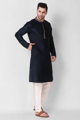 Koshin Navy Blue Color Art Silk Neck Embroidered Kurta For Festive & Wedding 4
