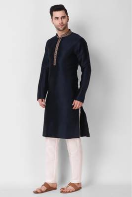 Koshin Navy Blue Color Art Silk Neck Embroidered Kurta For Festive & Wedding 5