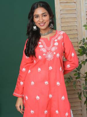 Women Hand Embroidered Coral Red Cotton Lucknow Chikan Kurta 6
