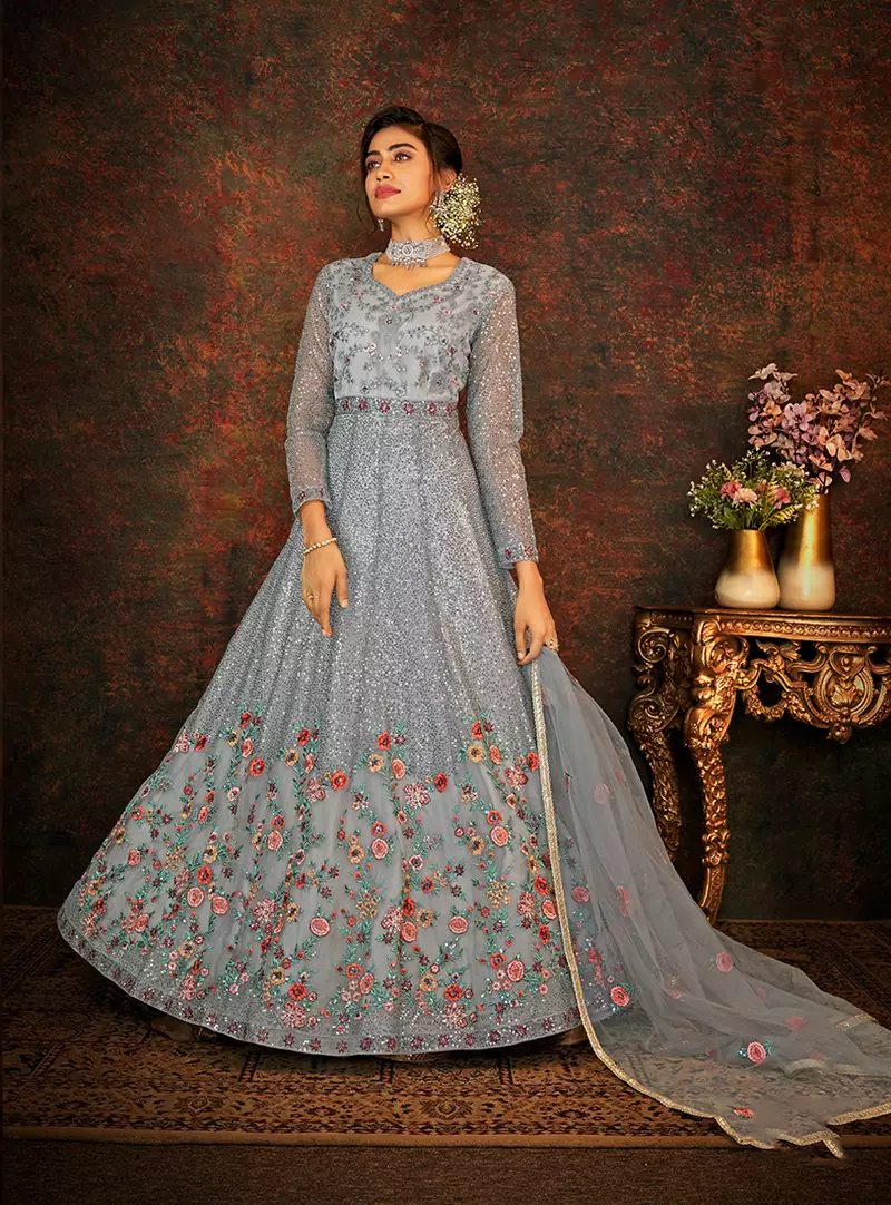 Grey embroidered net salwar
