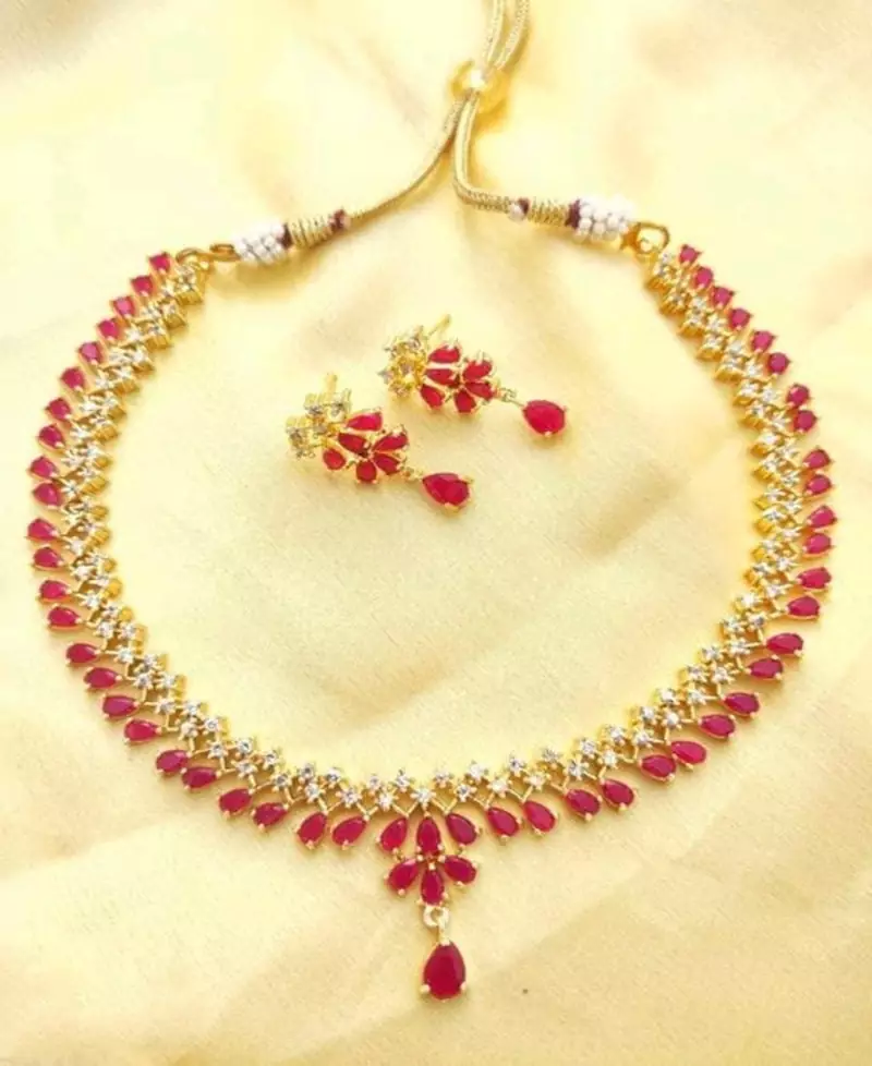 Red American Diamond with Earrings Jewellery Necklace Set for Wedding