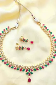 Multicolor American Diamond with Earrings Jewellery Necklace Set for Wedding