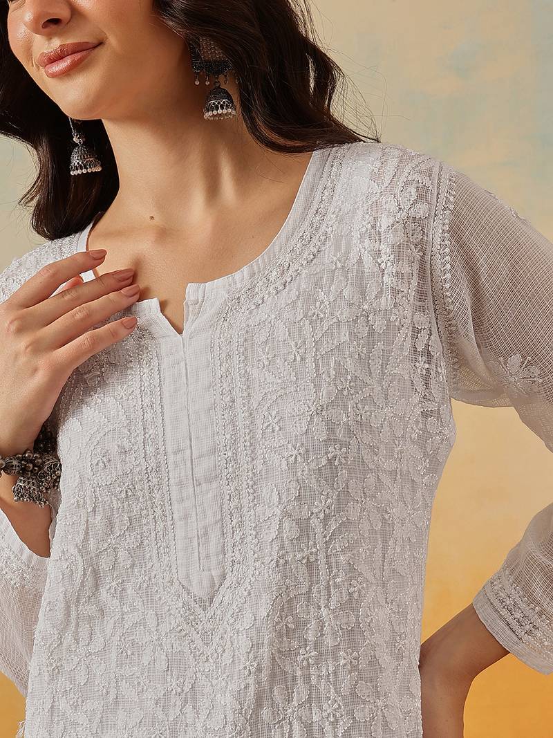 Women Hand Embroidered White Kota Lucknow Chikankari Short Kurti With Slip