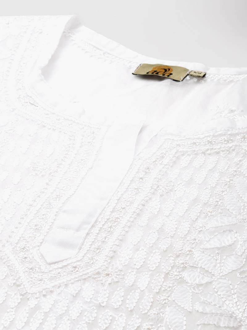 Women Hand Embroidered White Organza Lucknow Chikankari Short Kurti With Slip