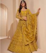 Mustard thread embroidery net semi stitched lehenga