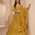 Mustard thread embroidery net semi stitched lehenga