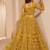 Mustard thread embroidery net semi stitched lehenga