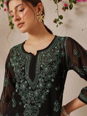 Women Hand Embroidered Black Georgette Lucknow Chikan Kurti With Slip 7