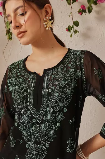 Women Hand Embroidered Black Georgette Lucknow Chikan Kurti With Slip