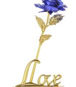 International Gift Plastic Rose Flower with Golden Leaf Love Shape Stand in Gift Box