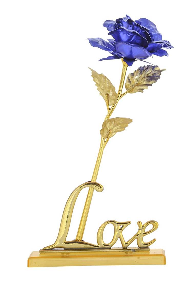 International Gift Plastic Rose Flower with Golden Leaf Love Shape Stand in Gift Box