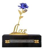 International Gift Plastic Rose Flower with Golden Leaf Love Shape Stand in Gift Box