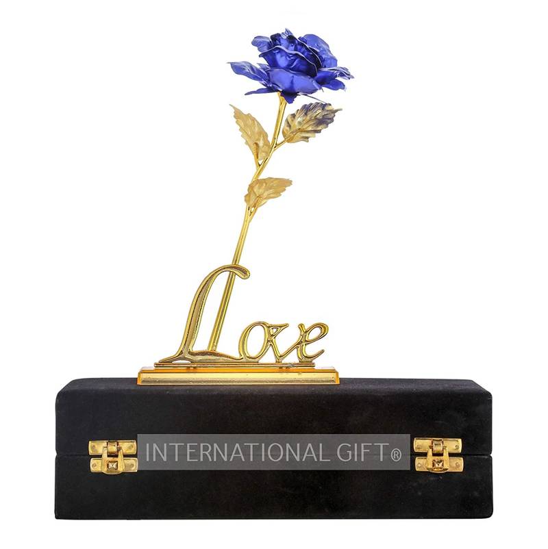 International Gift Plastic Rose Flower with Golden Leaf Love Shape Stand in Gift Box