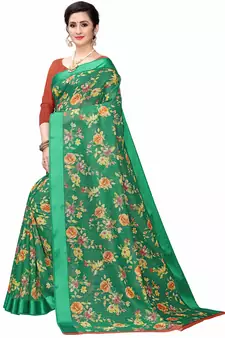 Leeza Store Women's Cotton Blend Digital Print Floral Pattern Tassels Saree With Unstitched Blouse Piece