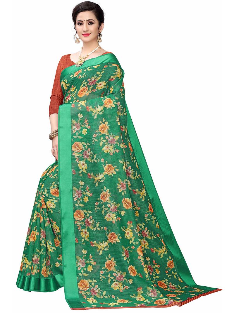 Leeza Store Women's Cotton Blend Digital Print Floral Pattern Tassels Saree With Unstitched Blouse Piece
