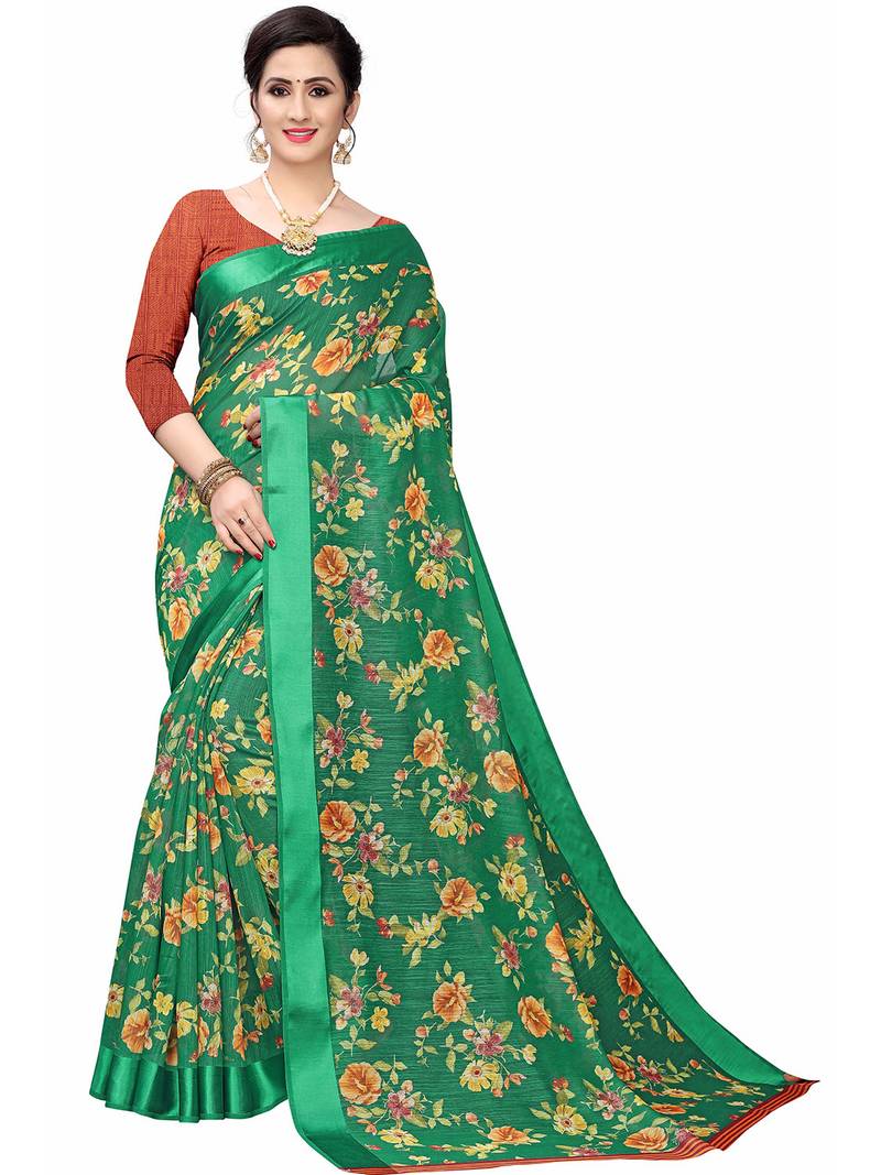 Leeza Store Women's Cotton Blend Digital Print Floral Pattern Tassels Saree With Unstitched Blouse Piece