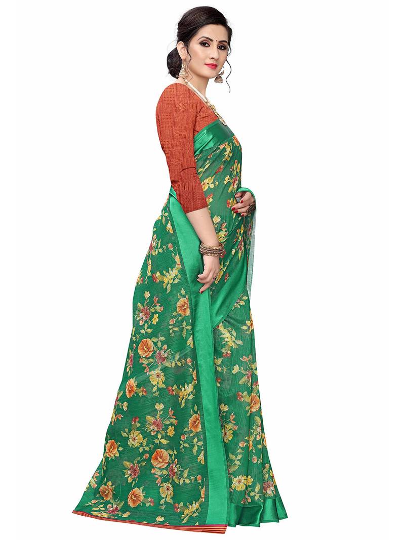 Leeza Store Women's Cotton Blend Digital Print Floral Pattern Tassels Saree With Unstitched Blouse Piece