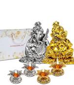 International Gift Metal Ganesh with Sitar and Ganesh with Shehanais Statue and 4 pcs Diya
