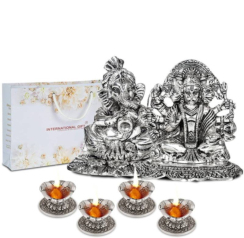 International Gift Metal Hanuman and Ganesha with Shehanais Idol in Velvet Box and 4 Diya