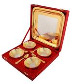 International Gift Brass Golden Round 4 Bowl with Tray and 4 Spoon in Velvet Box