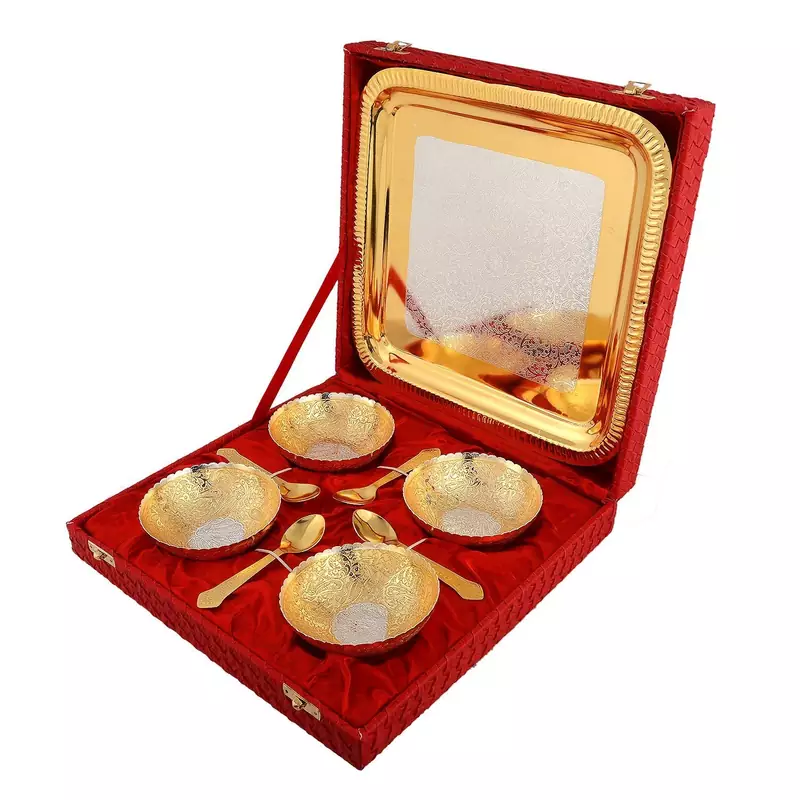 International Gift Brass Golden Round 4 Bowl with Tray and 4 Spoon in Velvet Box