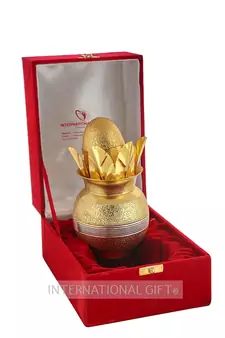 International Gift Brass Gold Plated Mangal Kalash with Coconut in Velvet Box