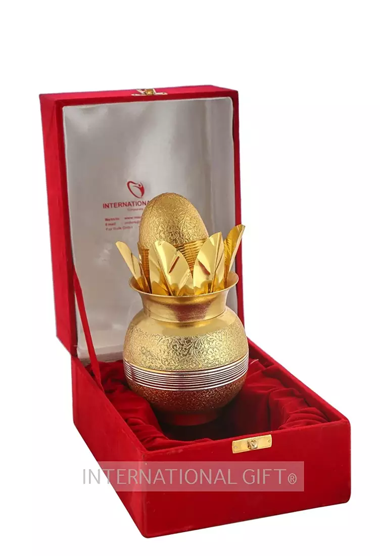 International Gift Brass Gold Plated Mangal Kalash with Coconut in Velvet Box