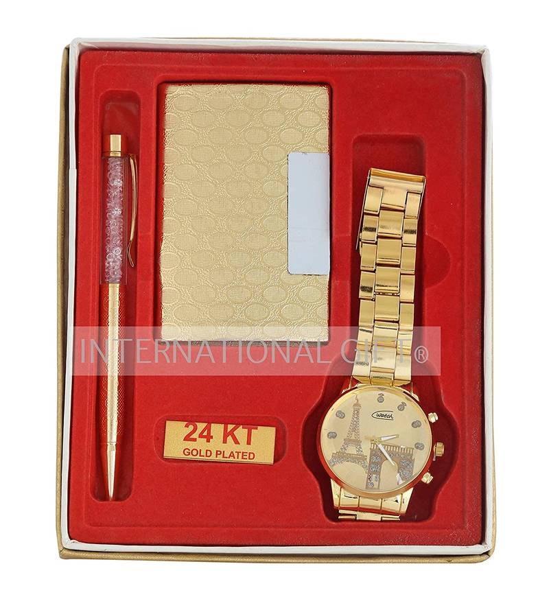 International Gift Brass Pen  Card Holder and HandWatch for Men in Gift Box