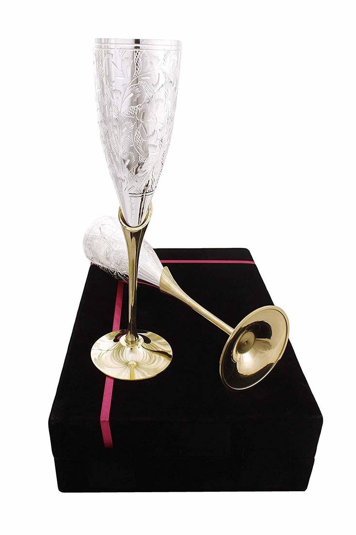 International Gift Brass German Silver Wine Glass 2 pcs In Velvet Box