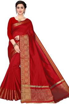Leeza Store Women's Cotton Silk Golden Zari Border Jacquard Woven Plain Solid Saree with Unstitched Blouse Piece
