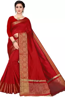 Leeza Store Women's Cotton Silk Golden Zari Border Jacquard Woven Plain Solid Saree with Unstitched Blouse Piece